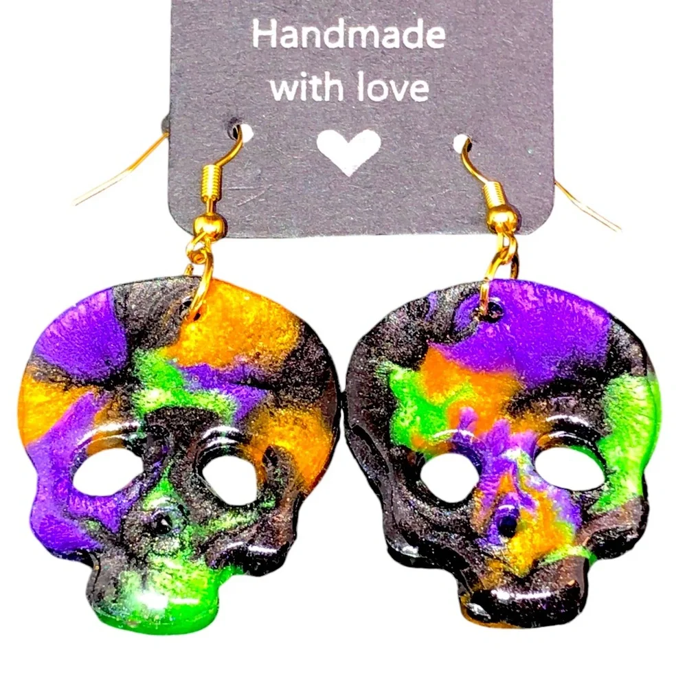 Handcrafted Halloween Skull Jewelry Mardi Gras Color Pierced Dangle Earrings NEW - Picture 2 of 4